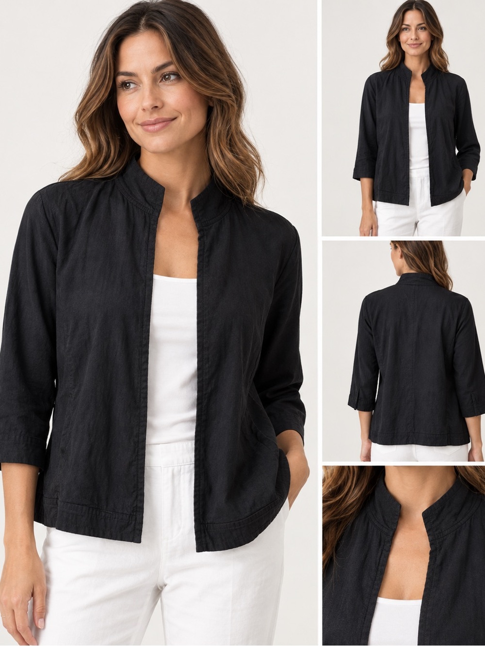 Eileen Fisher Linen Viscose Stretch Jacket Womens S Black Open Front 3/4 Sleeve